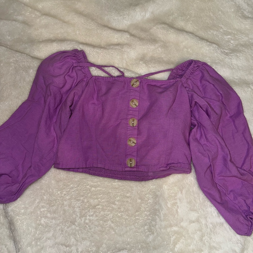 American Eagle Linen Button Crop Top Puff Balloon Sleeve Purple Women's Small